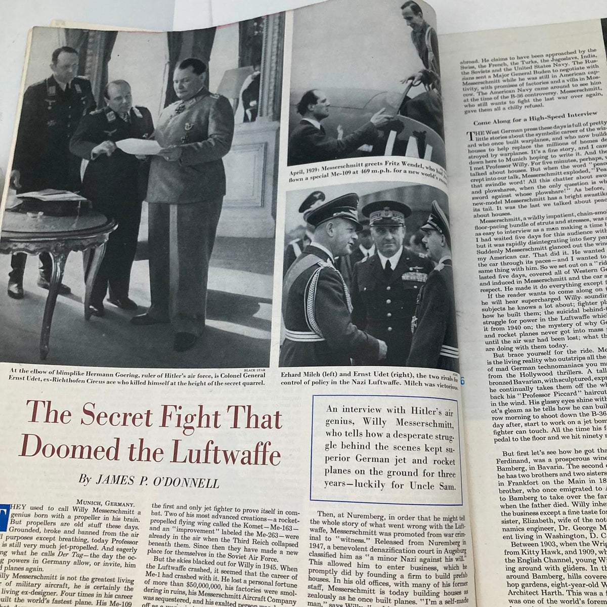 Article spread titled 'The Secret Fight That Doomed the Luftwaffe' in the Saturday Evening Post Magazine April 8, 1950, featuring images and text discussing historical events.