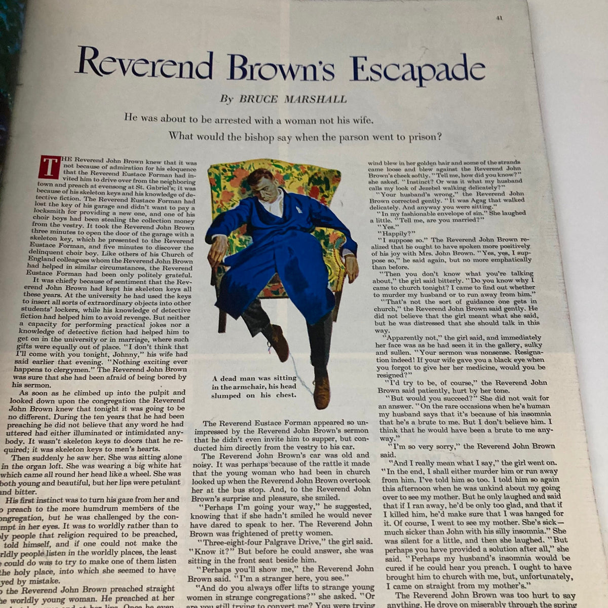 Story page titled 'Reverend Brown's Escapade' from the Saturday Evening Post Magazine April 8, 1950, showcasing a narrative accompanied by illustrated art.