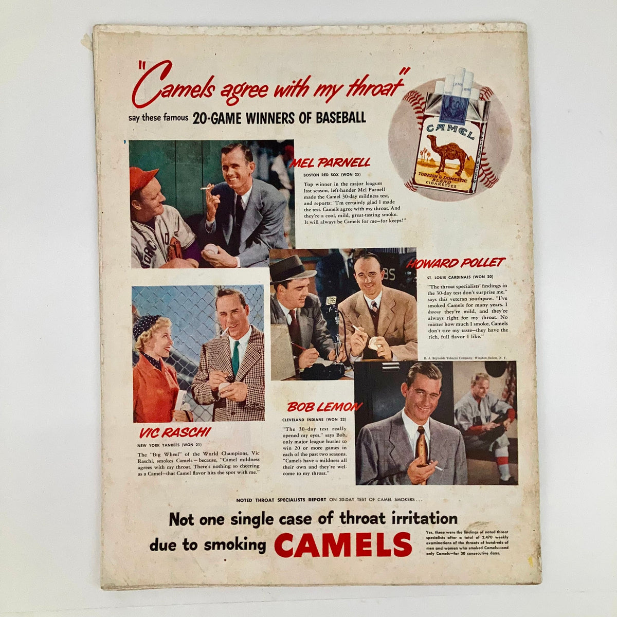 Advertisement from the Saturday Evening Post April 8, 1950, featuring baseball players endorsing Camel cigarettes. The layout includes images of famous players discussing the cigarette brand and its smooth flavor, reflecting post-war advertising styles.