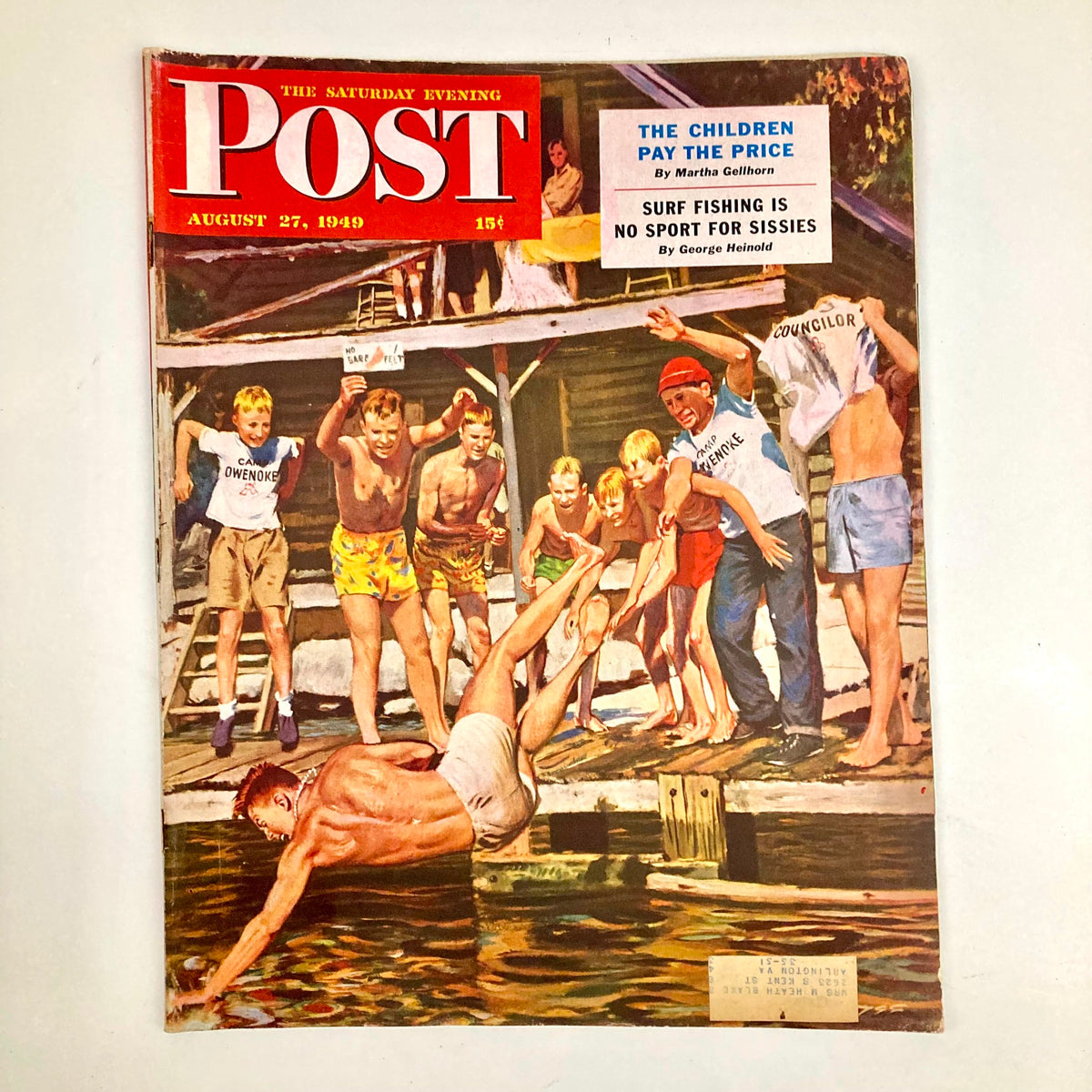 Cover of the Saturday Evening Post Magazine August 27, 1949, featuring boys diving into a lake and summer camp activities.