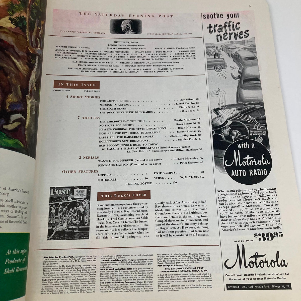 Inside page of the Saturday Evening Post Magazine August 27, 1949, displaying the table of contents and advertisements.