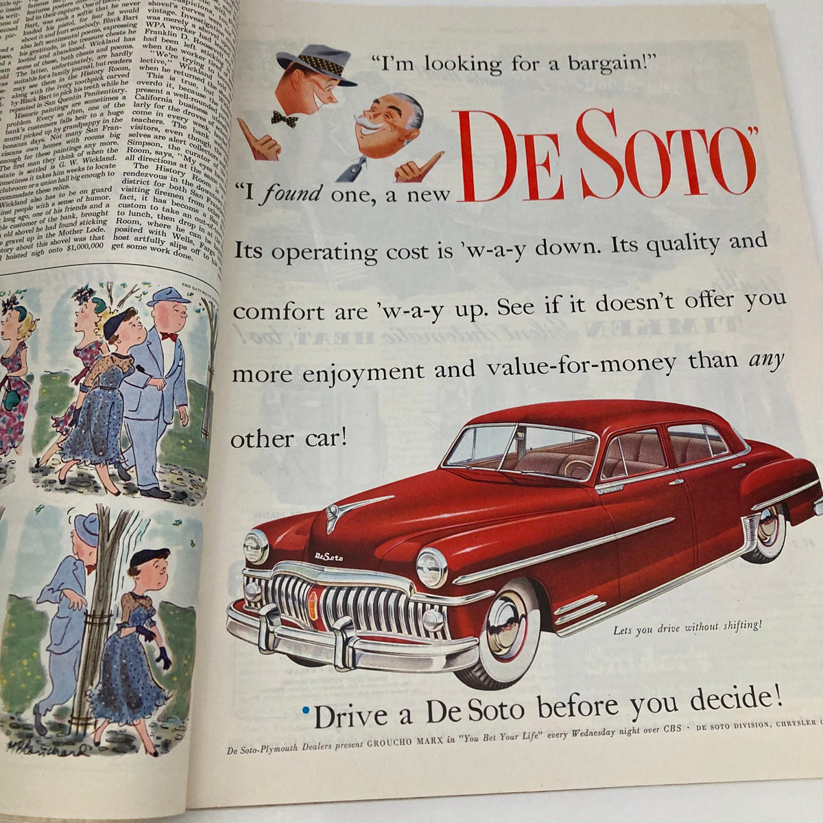 Saturday Evening Post June 17 1950 advertisement for De Soto cars, featuring a vibrant red De Soto car and characters discussing the vehicle's quality and value.