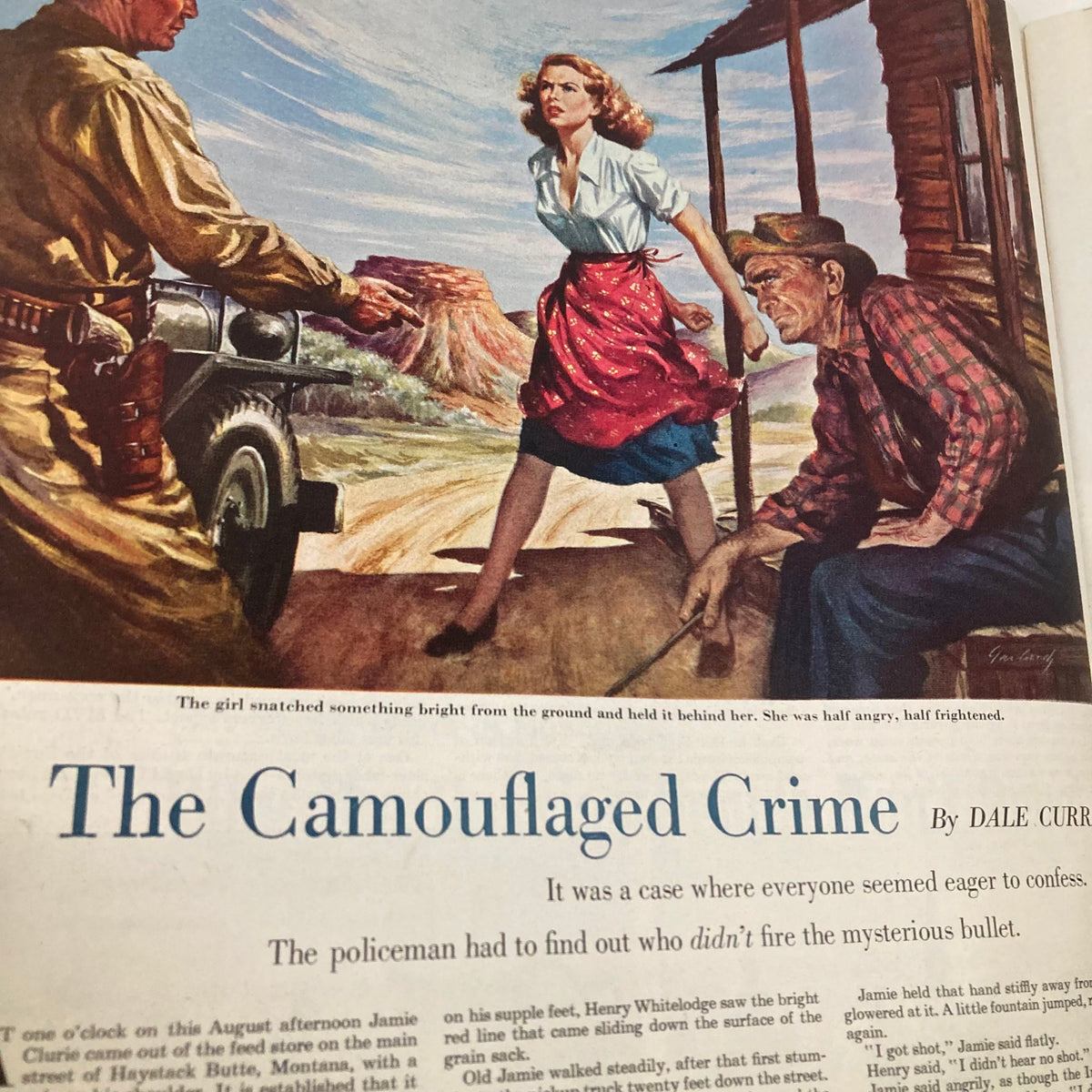 Illustrated article page titled 'The Camouflaged Crime' from the Saturday Evening Post Magazine November 26, 1949, featuring a dramatic scene with a woman and two men.