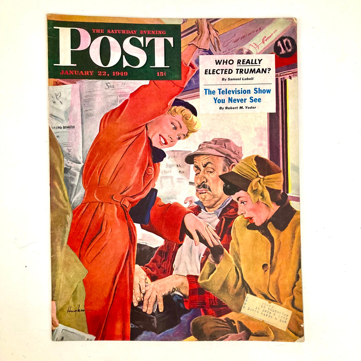 Cover of the Saturday Evening Post Magazine January 22, 1949, illustrated by George Hughes featuring vibrant artwork depicting a woman in a red coat engaging with two men on a bus, capturing post-war American culture.