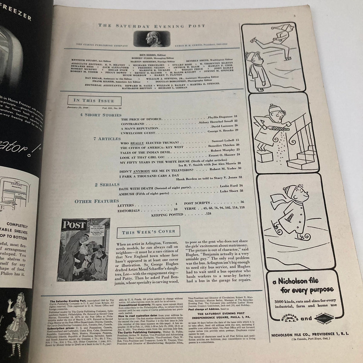 Inside page of the Saturday Evening Post Magazine January 22, 1949, showcasing the table of contents and listing articles including 'Who Really Elected Truman?' and other features of late 1940s America.