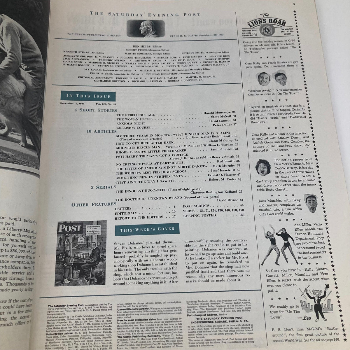 Page from Saturday Evening Post Magazine, November 12, 1949, showing the contents and features of the issue, highlighting the artistic contributions of Stevan Dohanos.