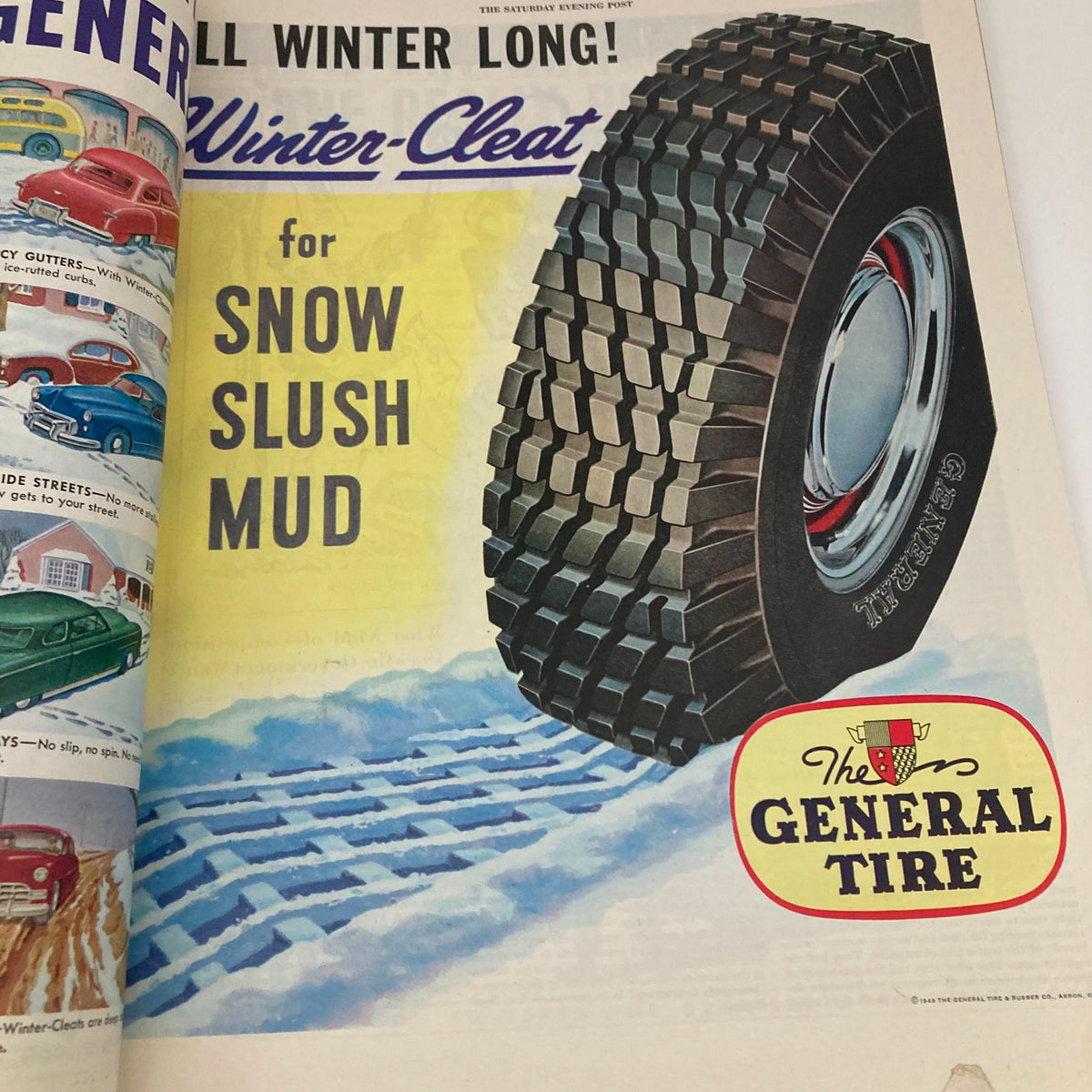 Advertisement for General Tire in the Saturday Evening Post Magazine, highlighting the 'Winter-Cleat' tire designed for winter conditions, featured in the November 12, 1949 edition.