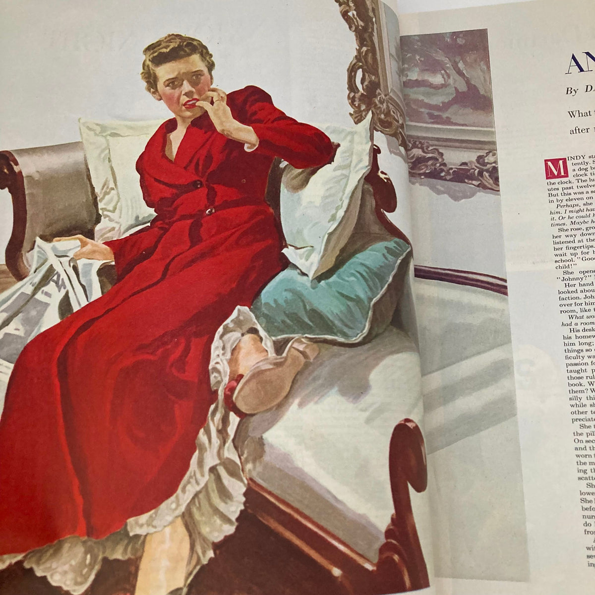 Illustration from the Saturday Evening Post Magazine, November 12, 1949, depicting a woman in a red dress, seated and engaged in a thoughtful pose, representing mid-20th century Americana art.