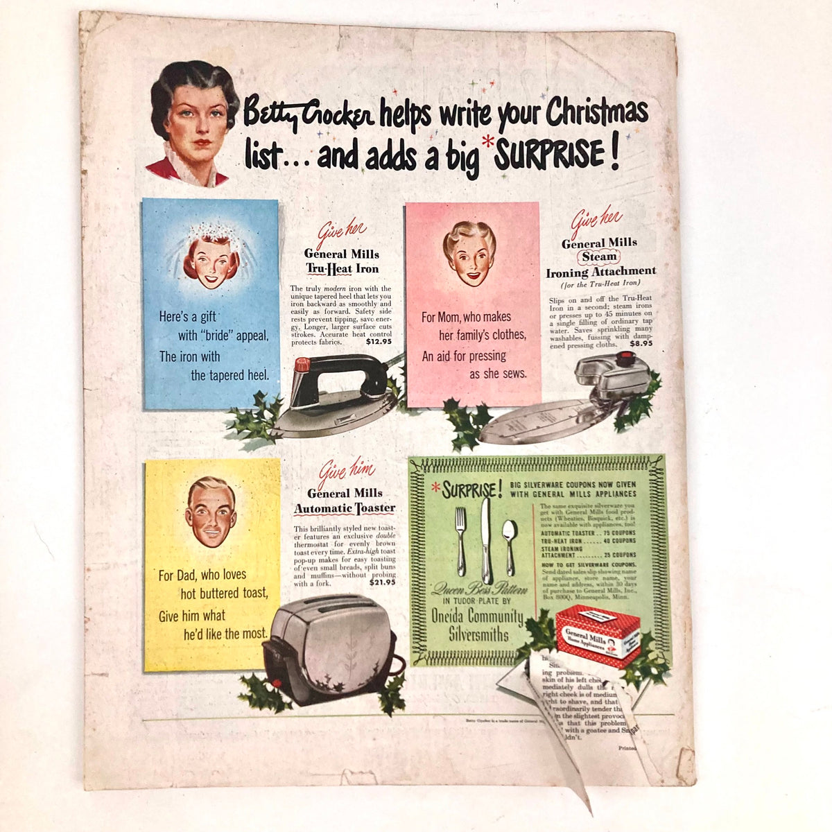 Christmas gift ideas advertisement featuring Betty Crocker from the Saturday Evening Post Magazine November 22 1949, listing General Mills appliances such as Tru-Heat Iron and Automatic Toaster.