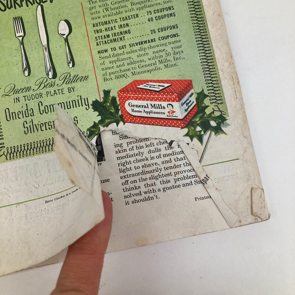 Detailed view of an advertisement by General Mills offering a surprise promotion on home appliances, featuring Betty Crocker, from the Saturday Evening Post Magazine November 22 1949.