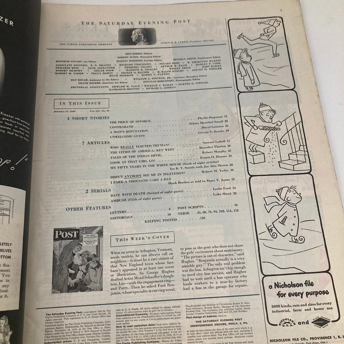Inside page of the Saturday Evening Post Magazine from January 22, 1949, displaying the table of contents and features of the issue.