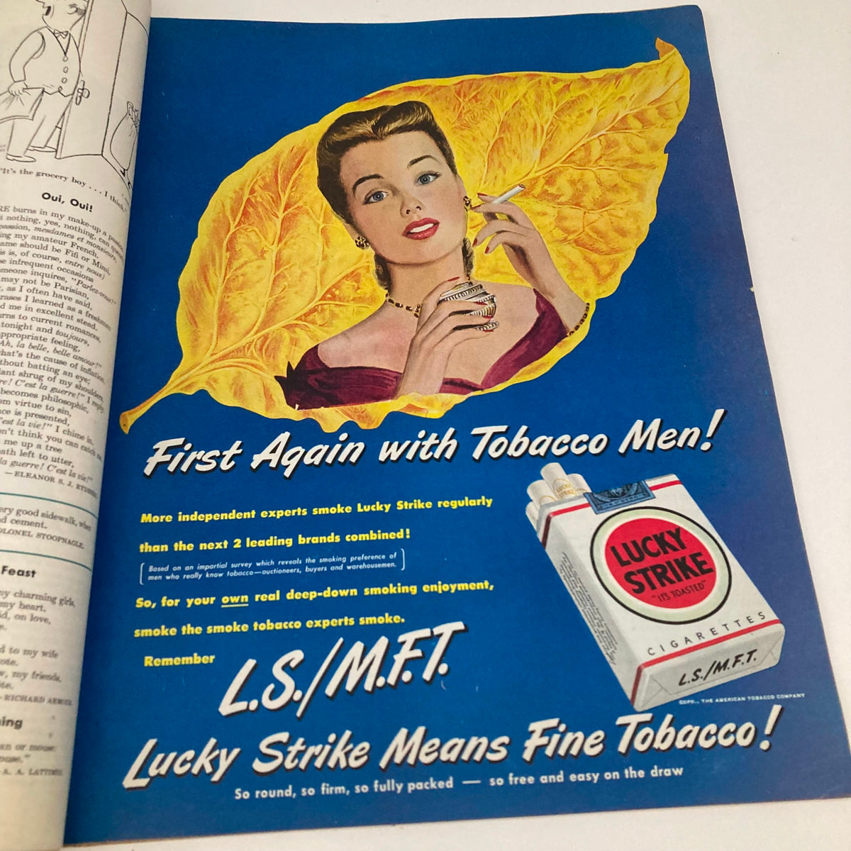 Advertisement from Saturday Evening Post Magazine January 22 1949 promoting Lucky Strike cigarettes, featuring a glamorous woman holding a cigarette against a colorful backdrop.