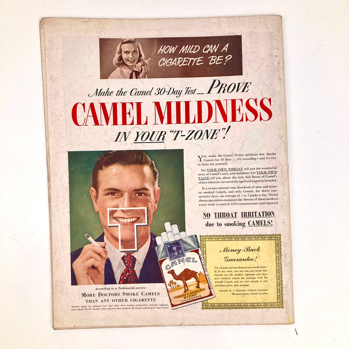 Advertisement from Saturday Evening Post Magazine January 22 1949 showcasing Camel cigarettes, featuring a well-dressed man smiling while holding a cigarette, illustrated with a bold promotional message.