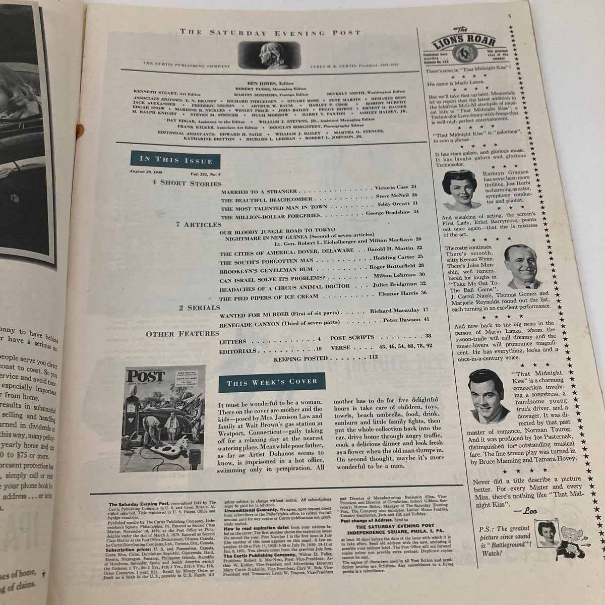 Inside page of the Saturday Evening Post Magazine August 20, 1949, showcasing the contents and features of the issue, including articles and illustrations.