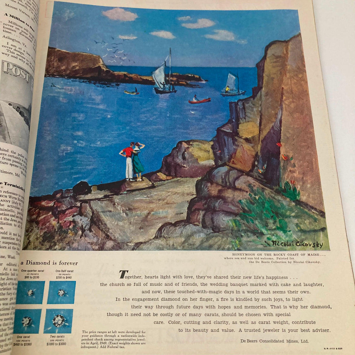 Illustrated magazine cover from the Saturday Evening Post Magazine August 20, 1949, featuring a scenic view of a couple on the rocky coast of Maine with boats in the background.