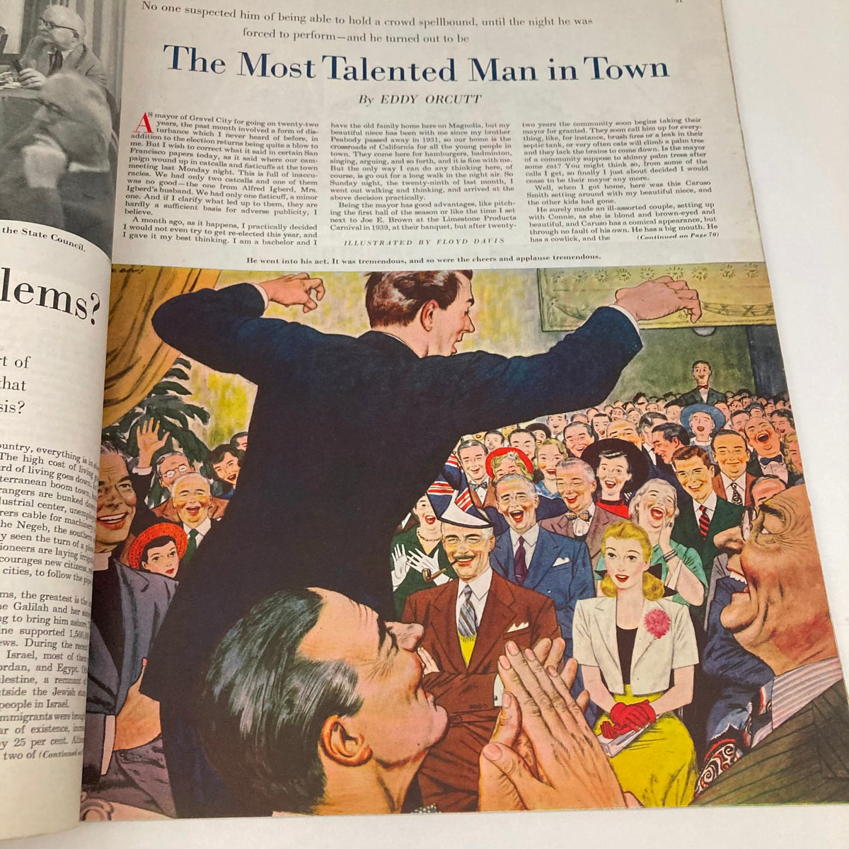 Artwork depicting a lively scene in the Saturday Evening Post Magazine August 20, 1949, showing a performer captivating an audience with cheerful expressions.