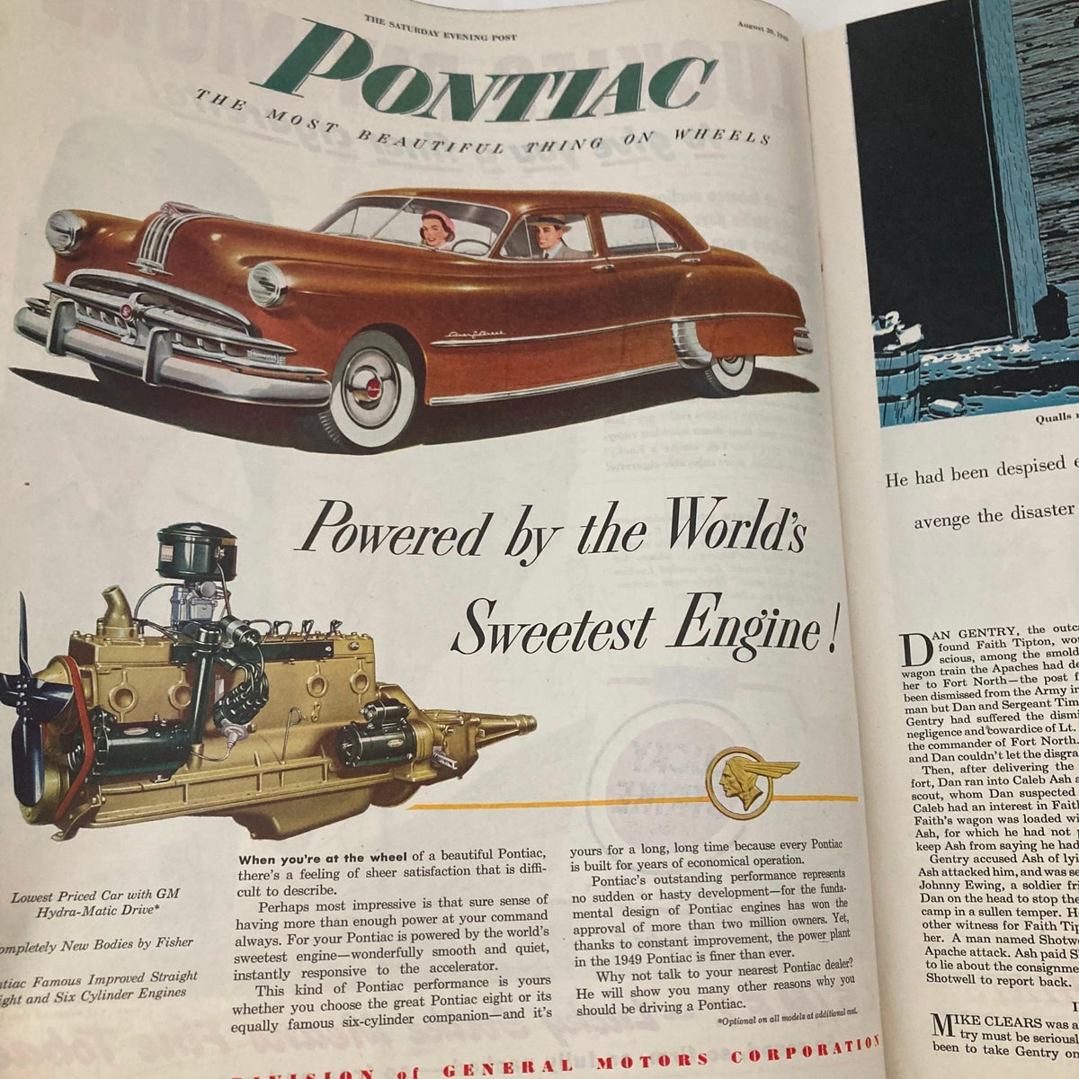 Vintage advertisement for Pontiac cars in the Saturday Evening Post Magazine August 20, 1949, showcasing a stylish vehicle and highlighting its powerful engine.