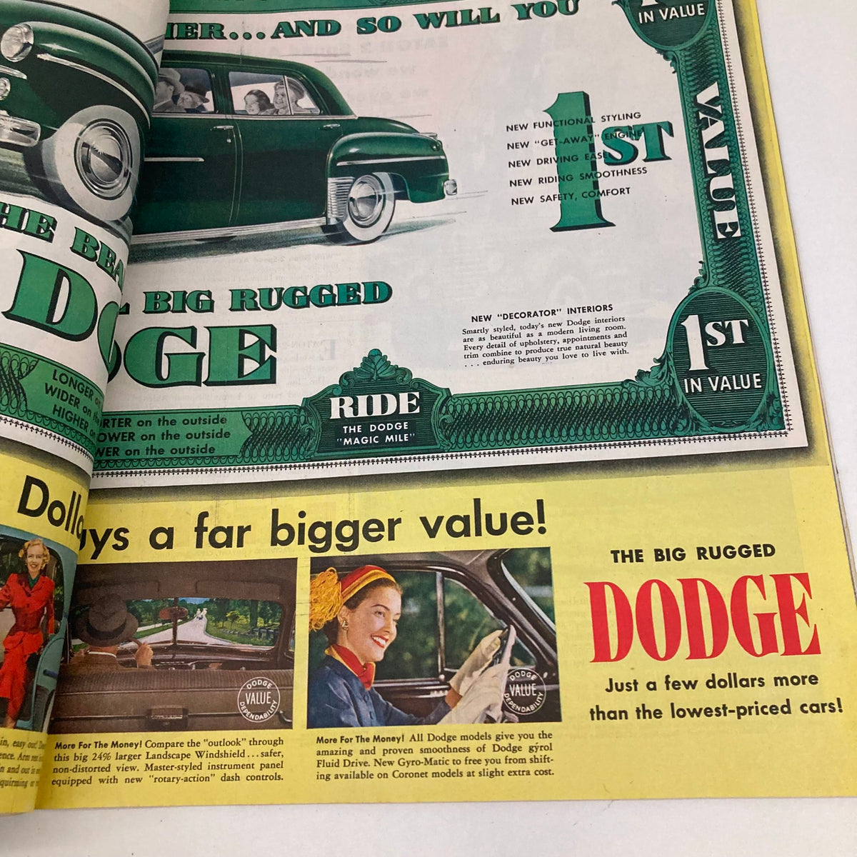 Advertisement for Dodge cars in the Saturday Evening Post Magazine August 20, 1949, featuring a green vehicle with cheerful drivers and promoting value and comfort.