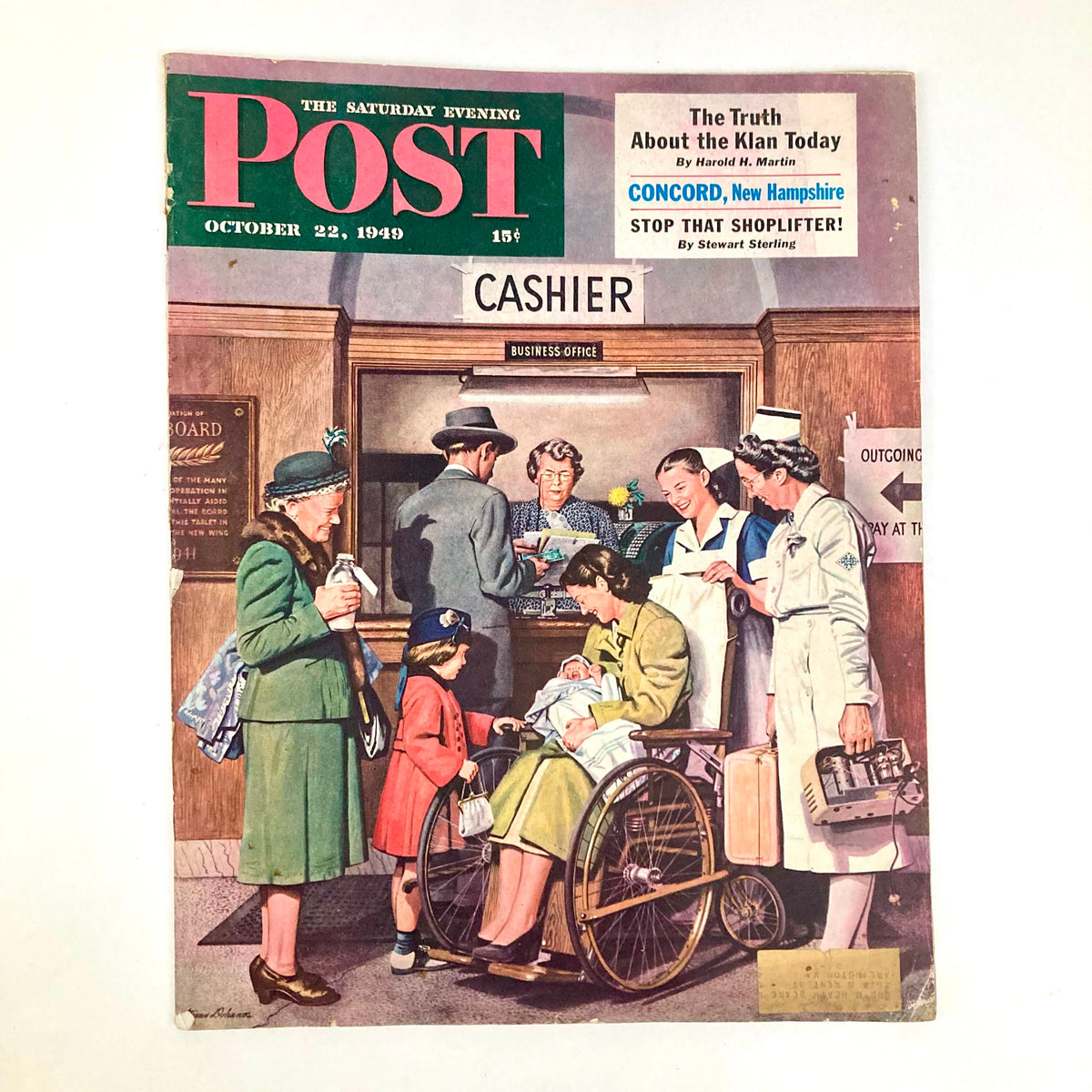 Cover of the Saturday Evening Post Magazine from October 22, 1949, illustrated by Steven Dohanos, depicting a scene at a cashier's office with various characters interacting, showcasing mid-20th century America.