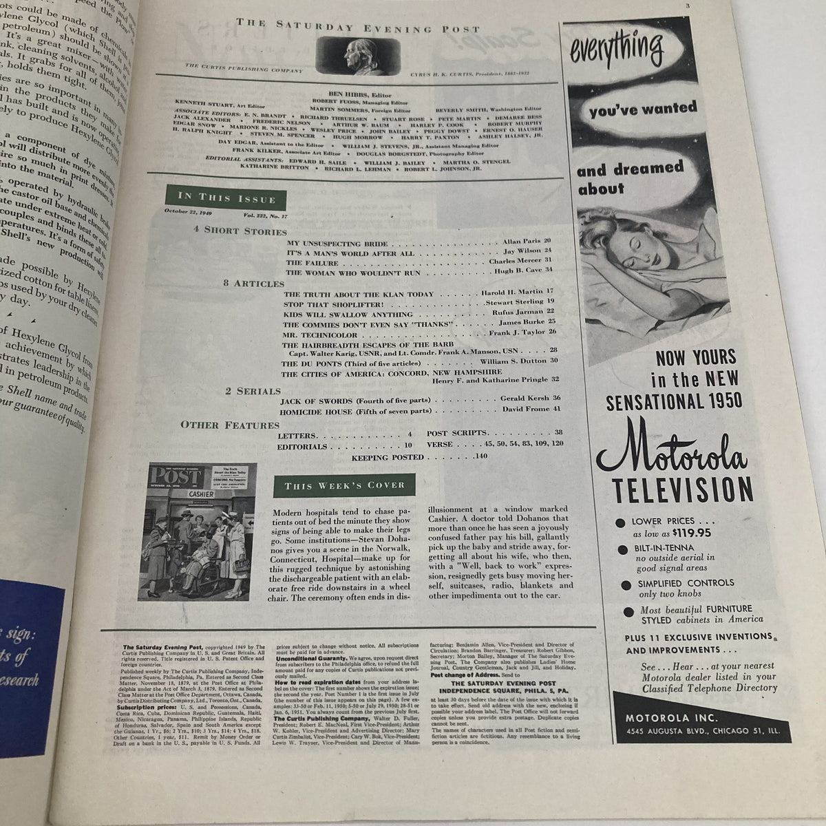 Inside page of the Saturday Evening Post Magazine from October 22, 1949, detailing the issue's content including articles, stories, and an advertisement, reflecting the magazine's structure and style.