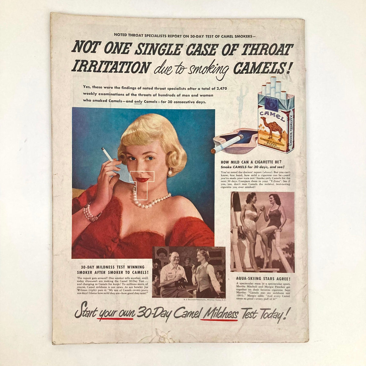 Vintage advertisement featuring a glamorous woman with blonde hair smoking a cigarette, promoting Camel cigarettes with the tagline from the Saturday Evening Post Magazine October 22, 1949 Illustrated Cover Steven Dohanos.