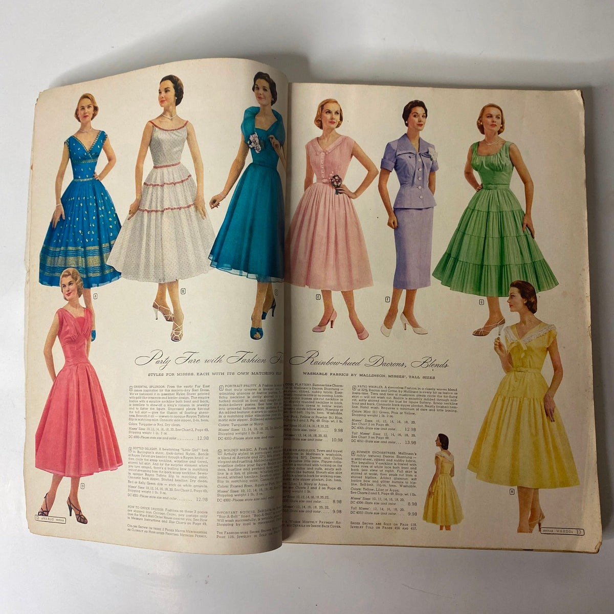 Interior pages of the 1956 Montgomery Ward Spring and Summer Catalog displaying vibrant dresses suitable for parties.