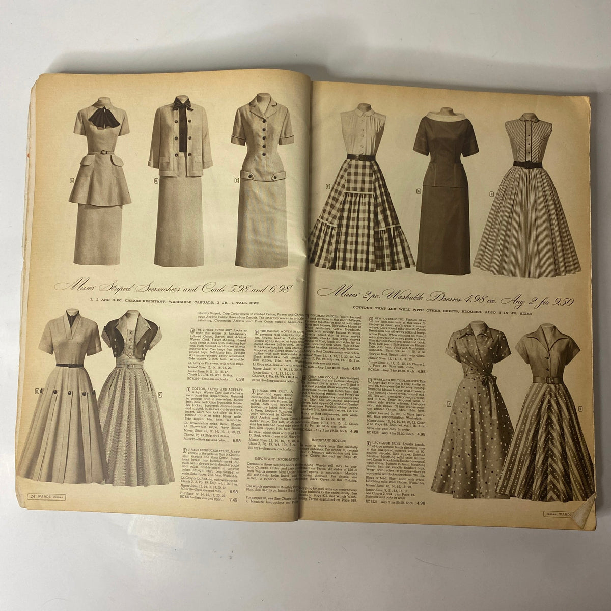 Page from the 1956 Montgomery Ward Spring and Summer Catalog featuring various fashionable dresses and outfits for women.