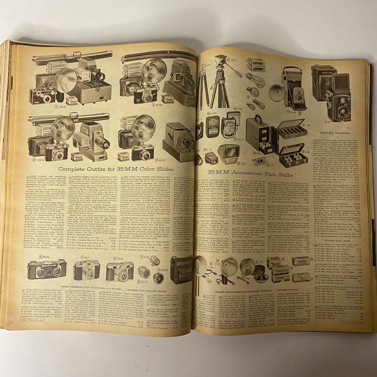 Complete outfits for 35mm color slides, including cameras and accessories displayed in the 1956 Montgomery Ward Spring and Summer Catalog.