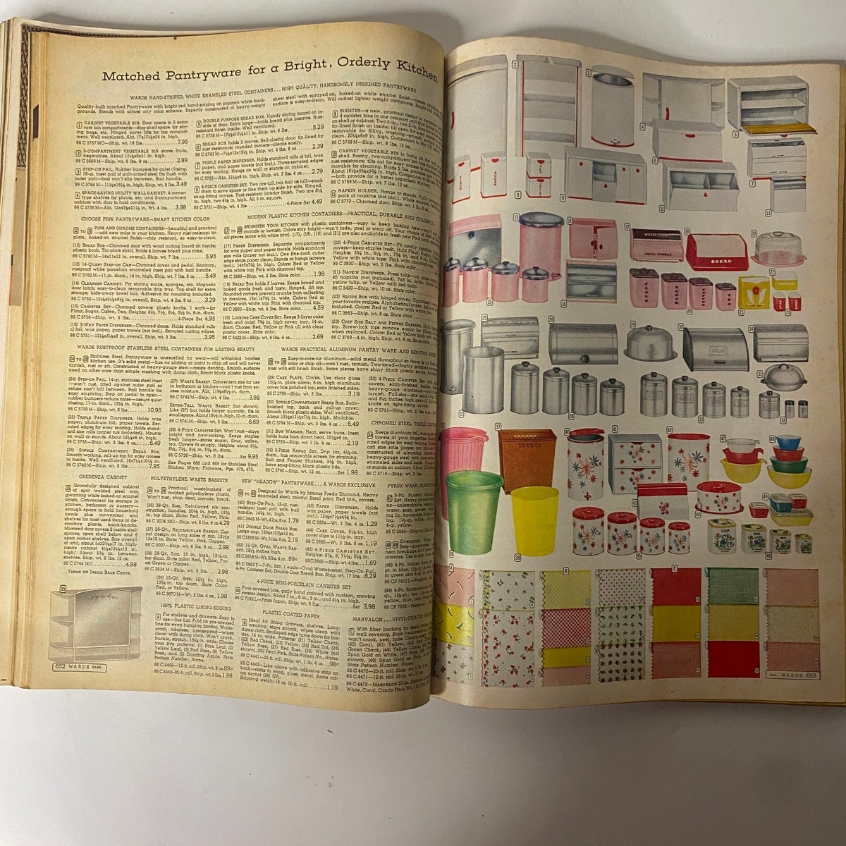 Pantryware and kitchen items featuring colorful designs in the 1956 Montgomery Ward Spring and Summer Catalog, showcasing vintage kitchen décor options.