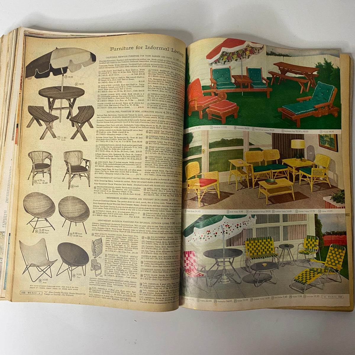 Informal outdoor furniture displayed in the 1956 Montgomery Ward Spring and Summer Catalog, featuring a variety of seating options for leisure.