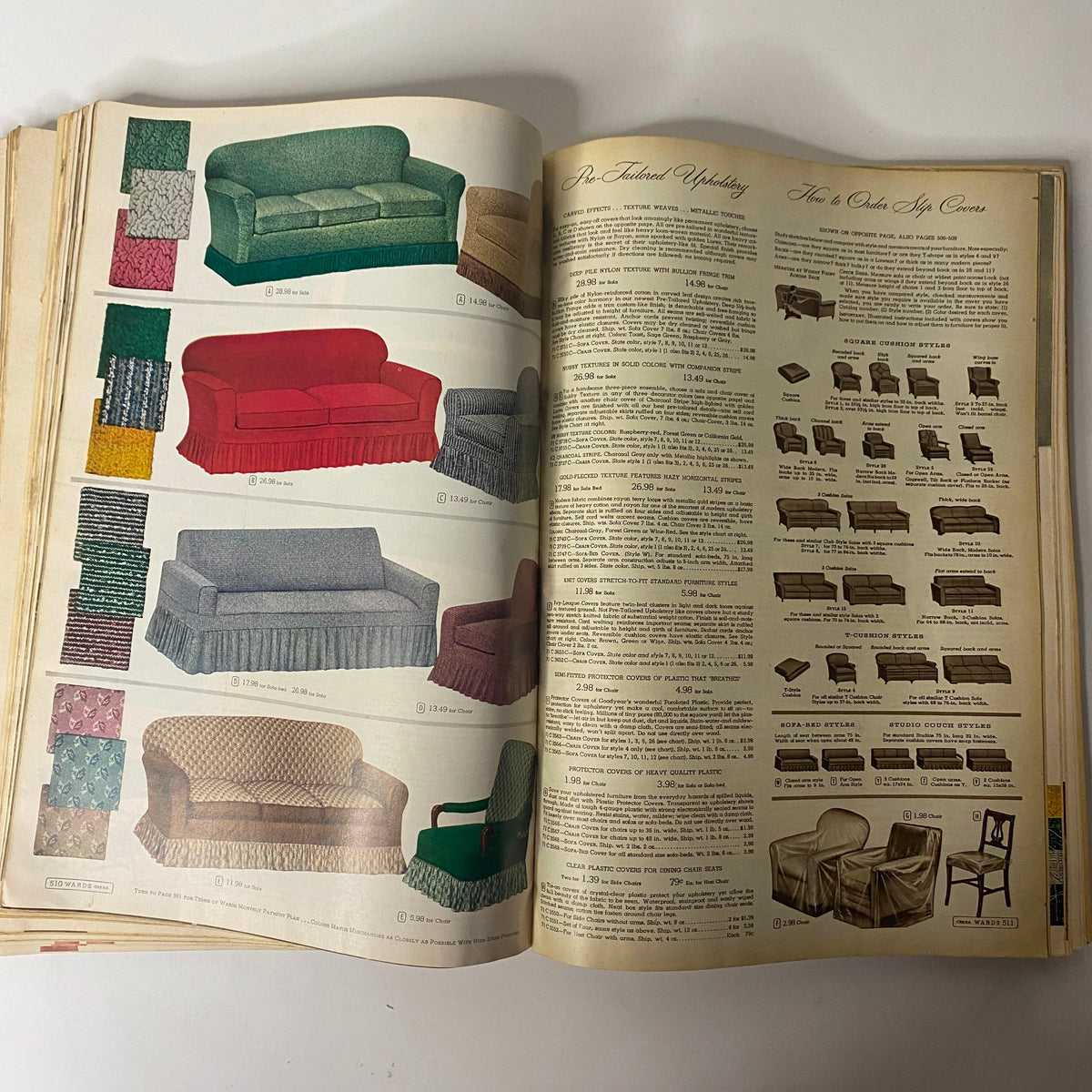Interior page from the 1956 Montgomery Ward Spring and Summer Catalog showcasing various upholstery options for sofas and chairs, highlighting vibrant colors and styles from the era.