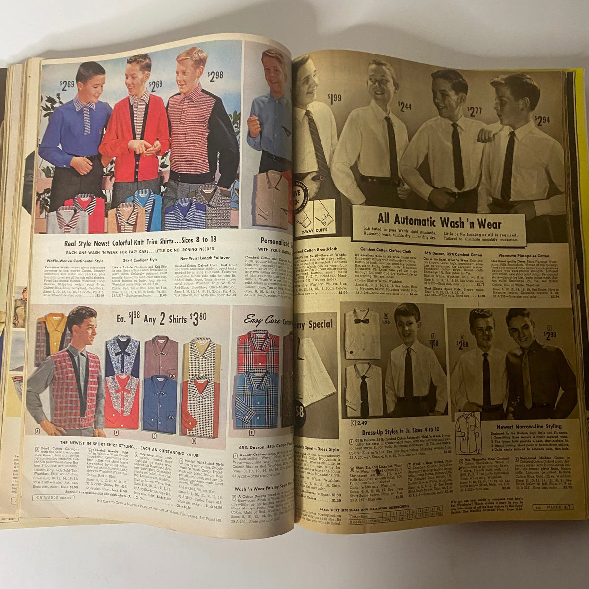 1959 Montgomery Ward Fall and Winter Catalog illustrating a variety of colorful knit shirts and formal wear for boys, highlighting fashion trends of the late 1950s.