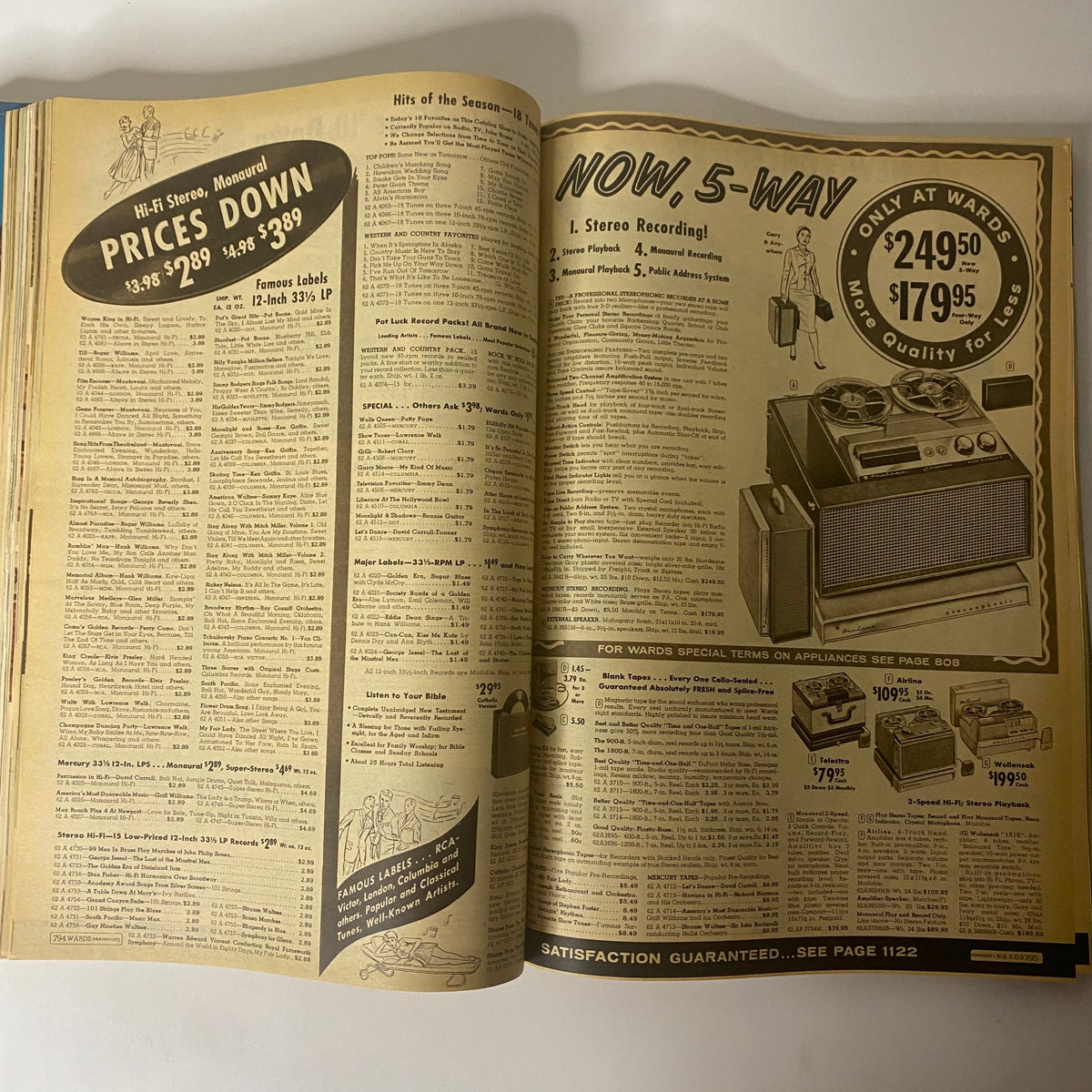 Interior page from the 1959 Montgomery Ward Fall and Winter Catalog listing audio equipment and music records, capturing consumer electronics trends of the era.