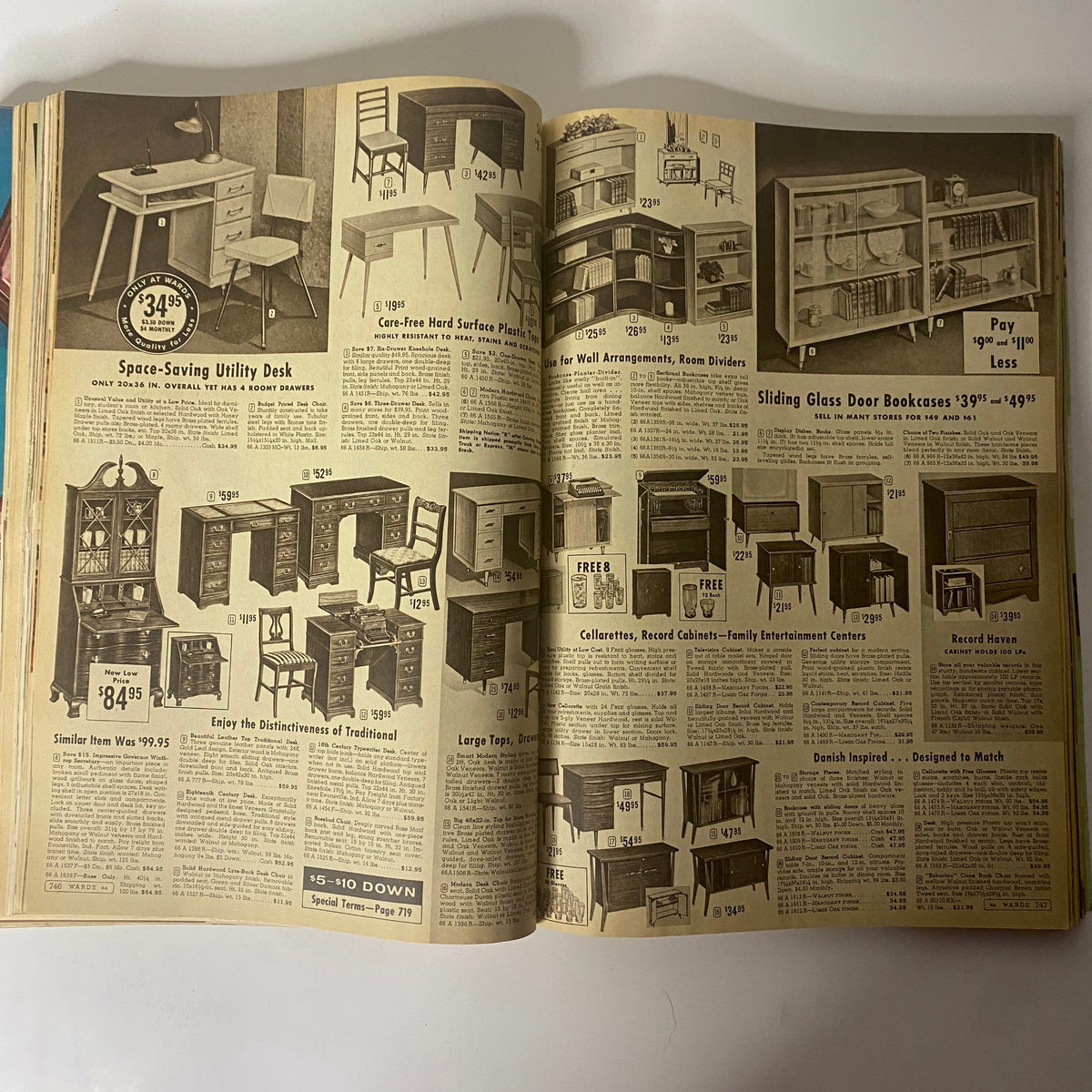 1959 Montgomery Ward Fall and Winter Catalog illustrating space-saving desks and furniture pieces, reflecting classic mid-century design elements.