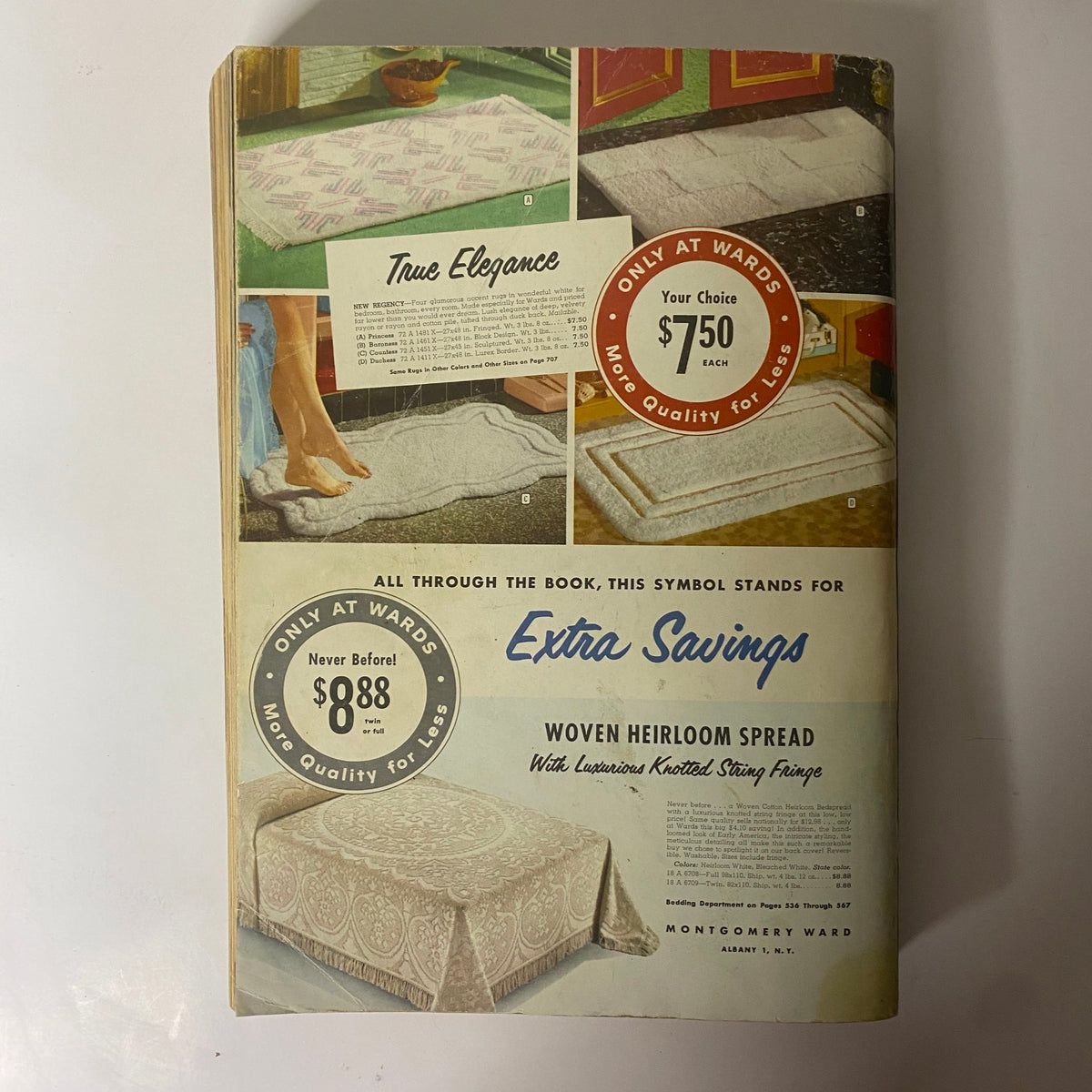 Cover of the 1959 Montgomery Ward Fall and Winter Catalog showcasing a Woven Heirloom Spread with elegant designs and pricing details, emphasizing the theme of mid-century retail fashion.