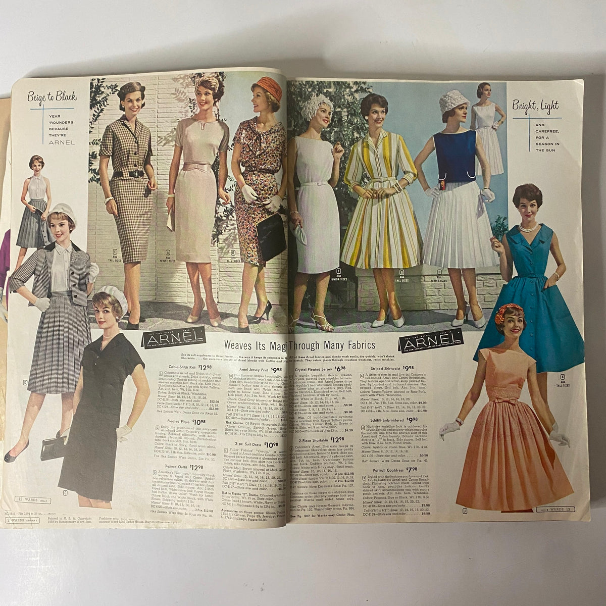 1959 Montgomery Ward Spring and Summer Catalog highlighting elegant dresses in various fabrics, showcasing styles from the late 1950s such as the Arnel collection for fashionable women.