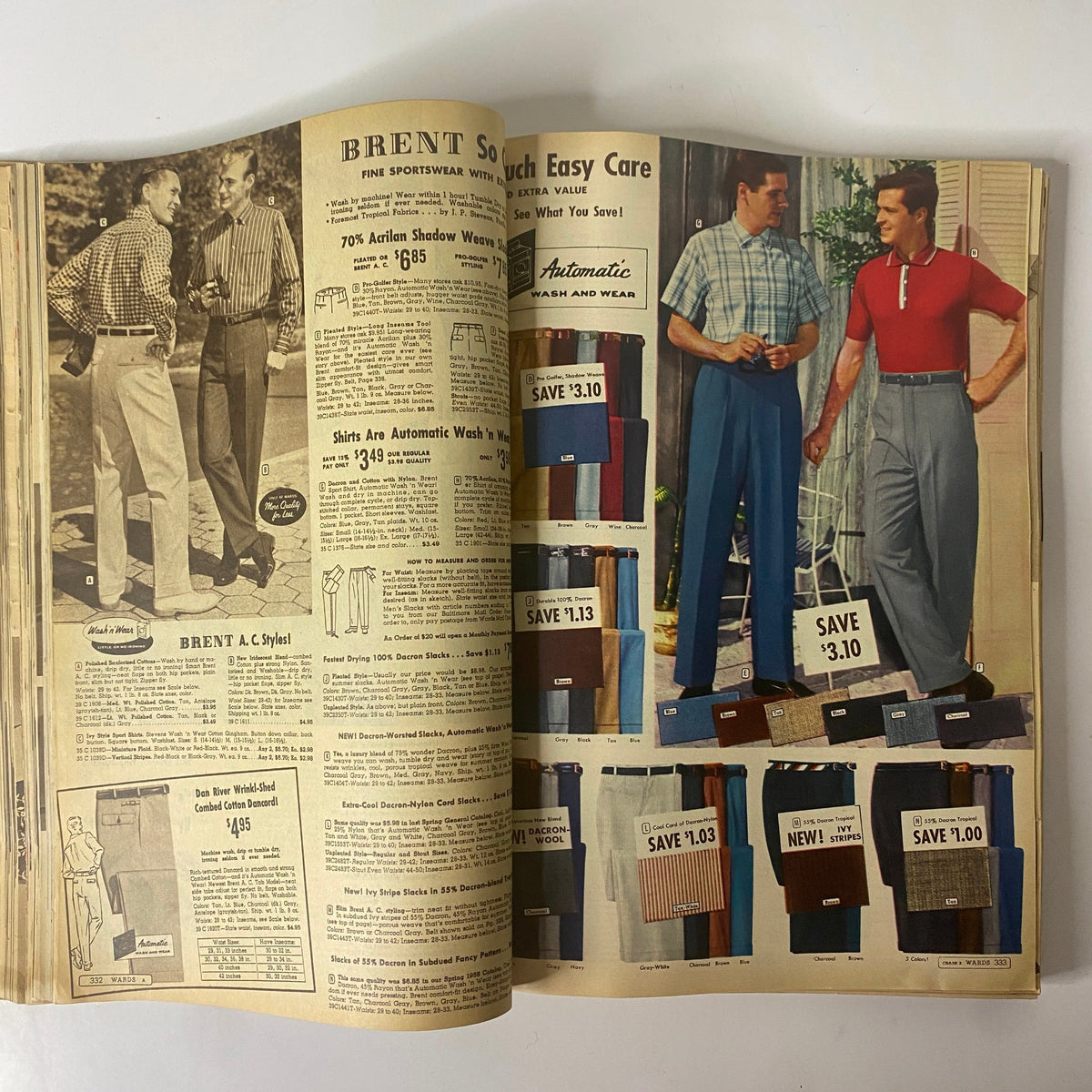 1959 Montgomery Ward Spring and Summer Catalog displaying men's sportswear, featuring automatic wash and wear styles in casual and dress shirts, epitomizing the fashion of the late 1950s.