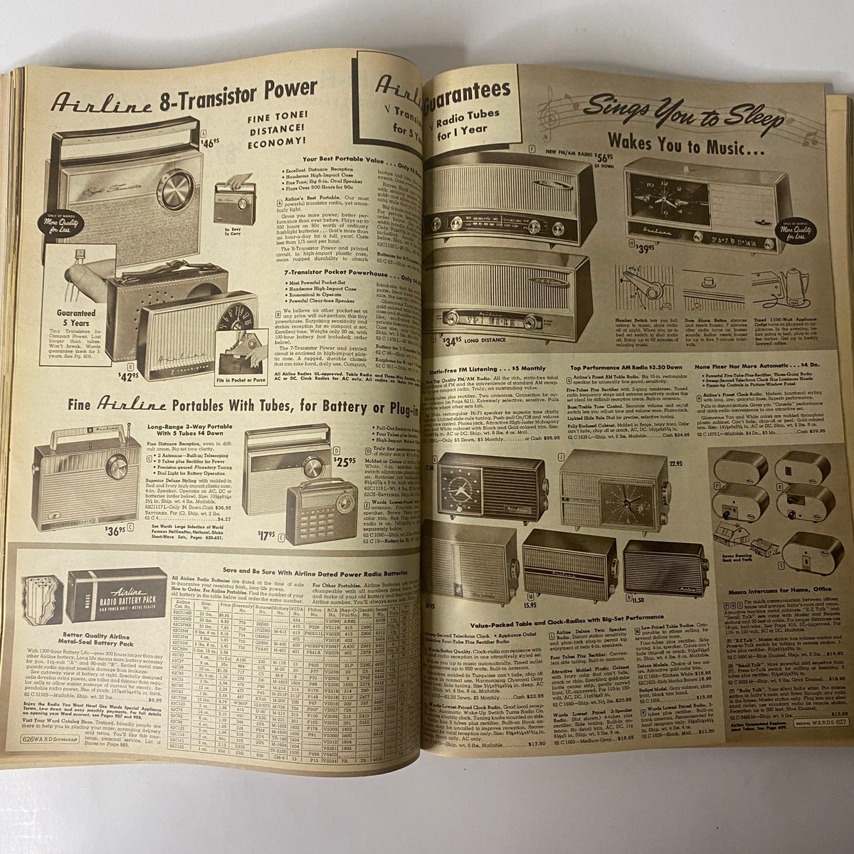 1959 Montgomery Ward Spring and Summer Catalog with a variety of advertised portable radios, illustrating mid-century electronics and accessories in a nostalgic presentation.