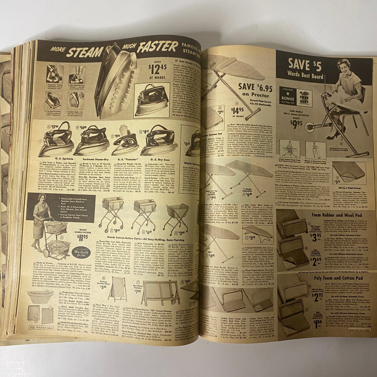 Page from the 1959 Montgomery Ward Spring and Summer Catalog featuring various steam irons and household appliances.