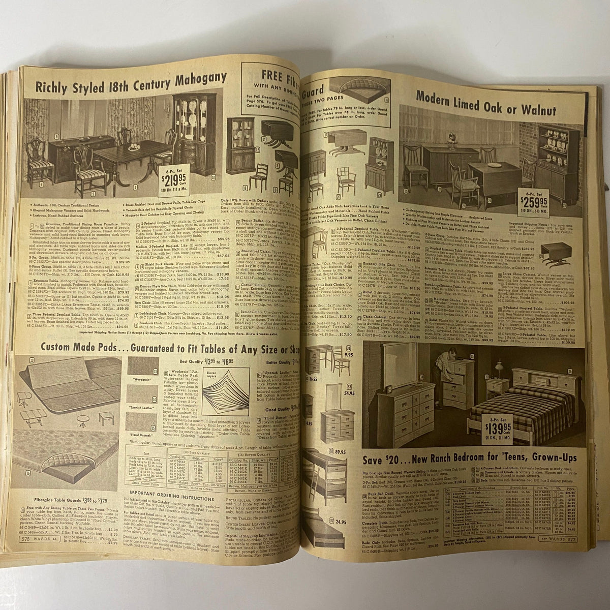 Interior furnishings page from the 1959 Montgomery Ward Spring and Summer Catalog showcasing 18th century mahogany and modern oak or walnut furniture.