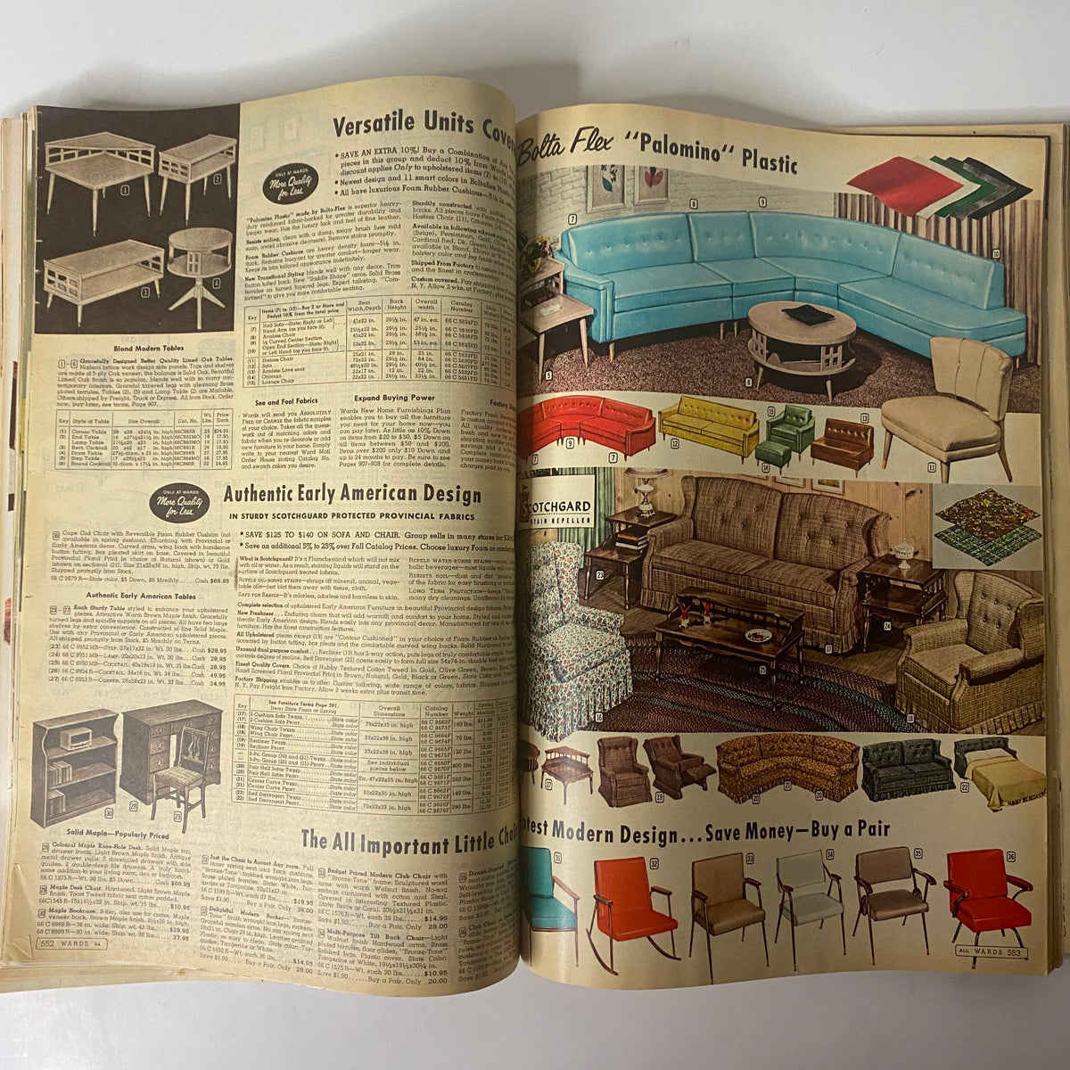 Stylish furniture and home accessory options from the 1959 Montgomery Ward Spring and Summer Catalog, including early American design and versatile units.