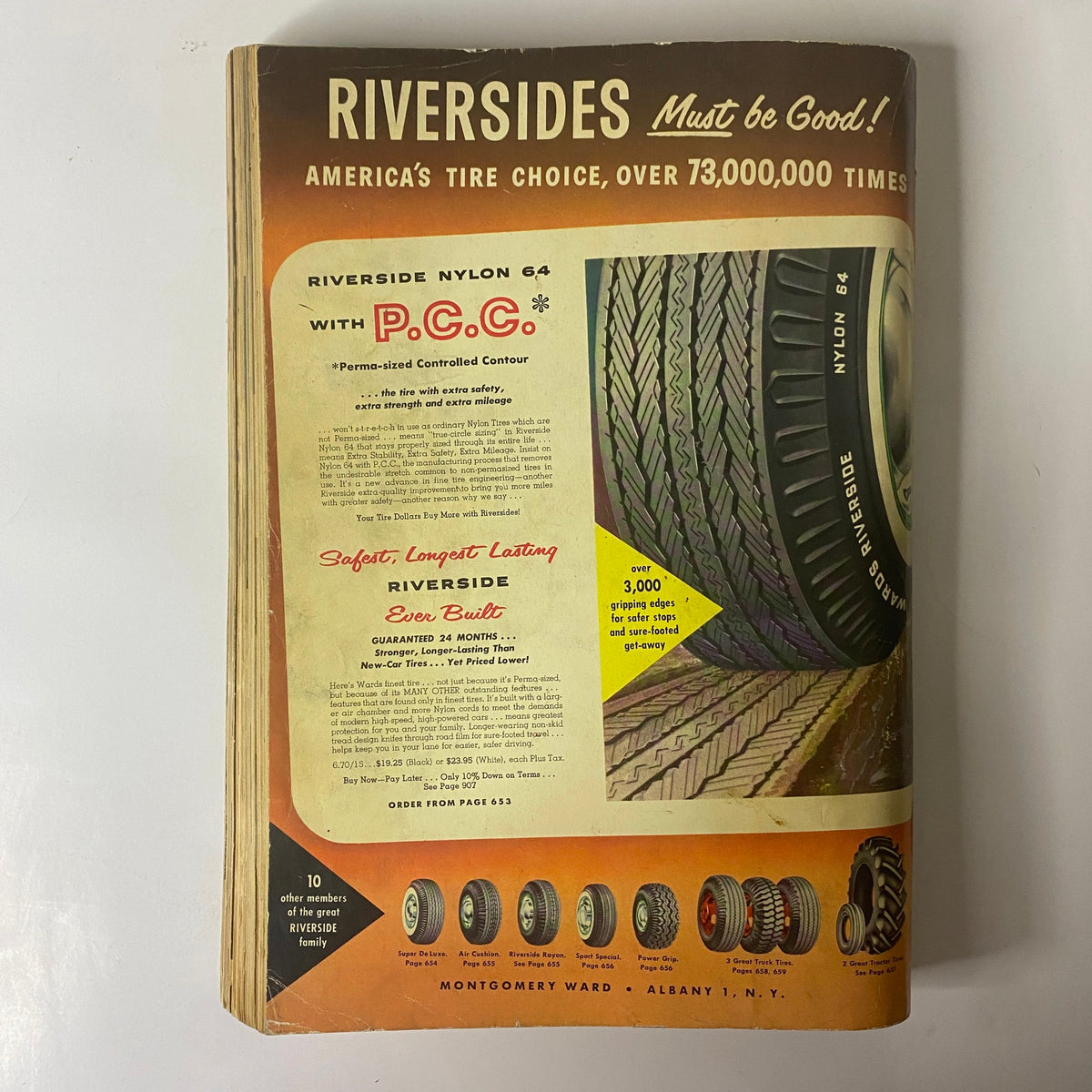 Advertisement within the 1959 Montgomery Ward Spring and Summer Catalog for Riverside tires, highlighting safety and longevity features.