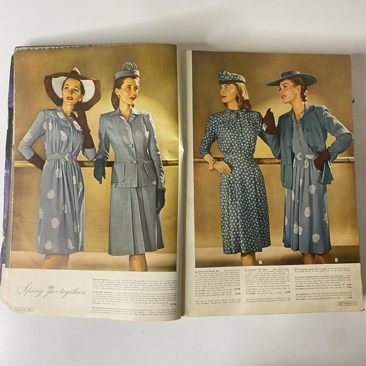 Interior page of the 1943 Montgomery Ward Spring and Summer Catalog featuring two models in coordinated outfits, ideal for spring, demonstrating vintage fashion trends.