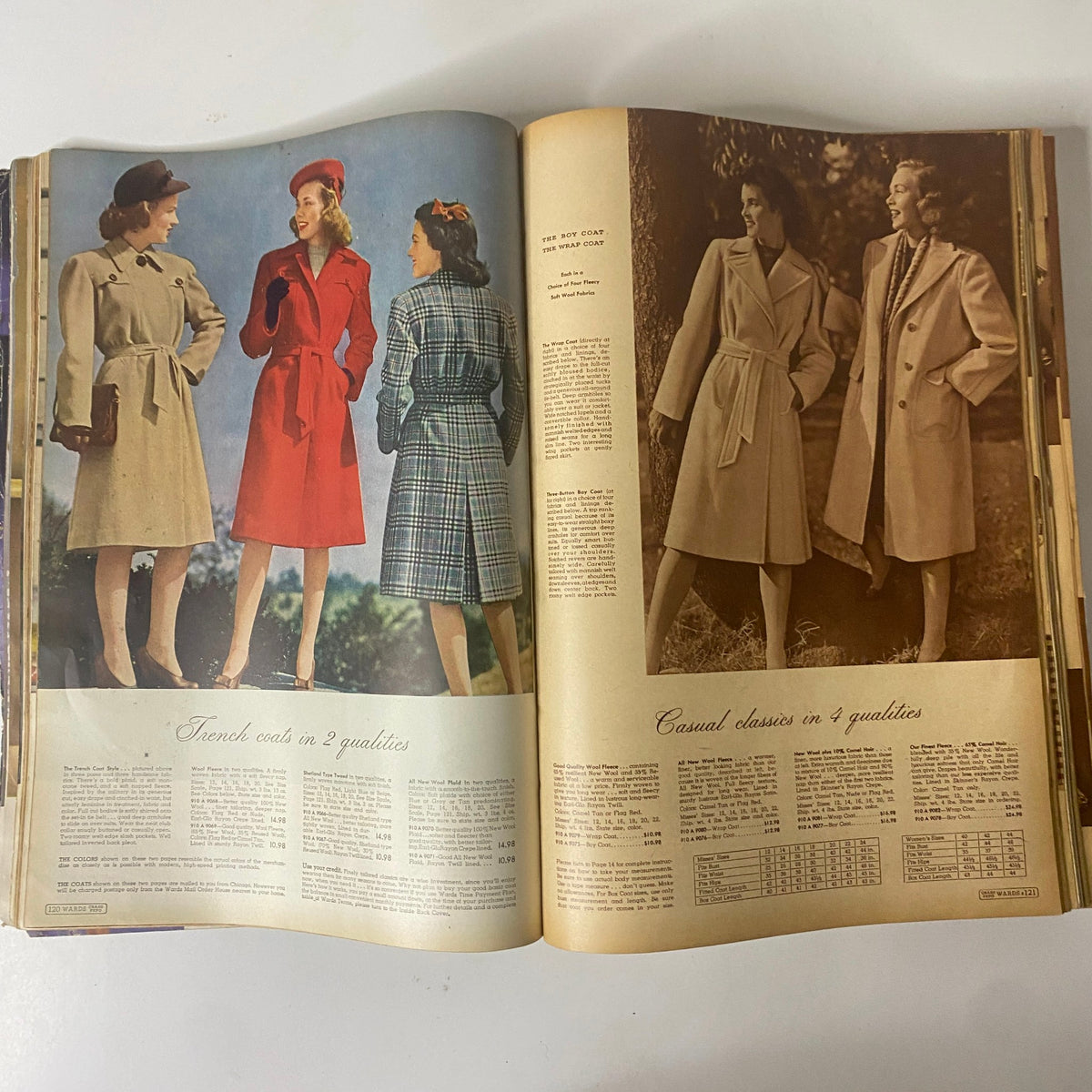 1943 Montgomery Ward Spring and Summer Catalog GD Interior featuring stylish women's trench coats in a variety of designs and colors, exemplifying wartime fashion.