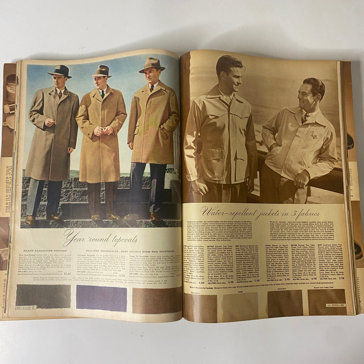 1943 Montgomery Ward Spring and Summer Catalog GD Interior highlighting men's year-round topcoats and water-repellent jackets, reflecting 1940s men's fashion.