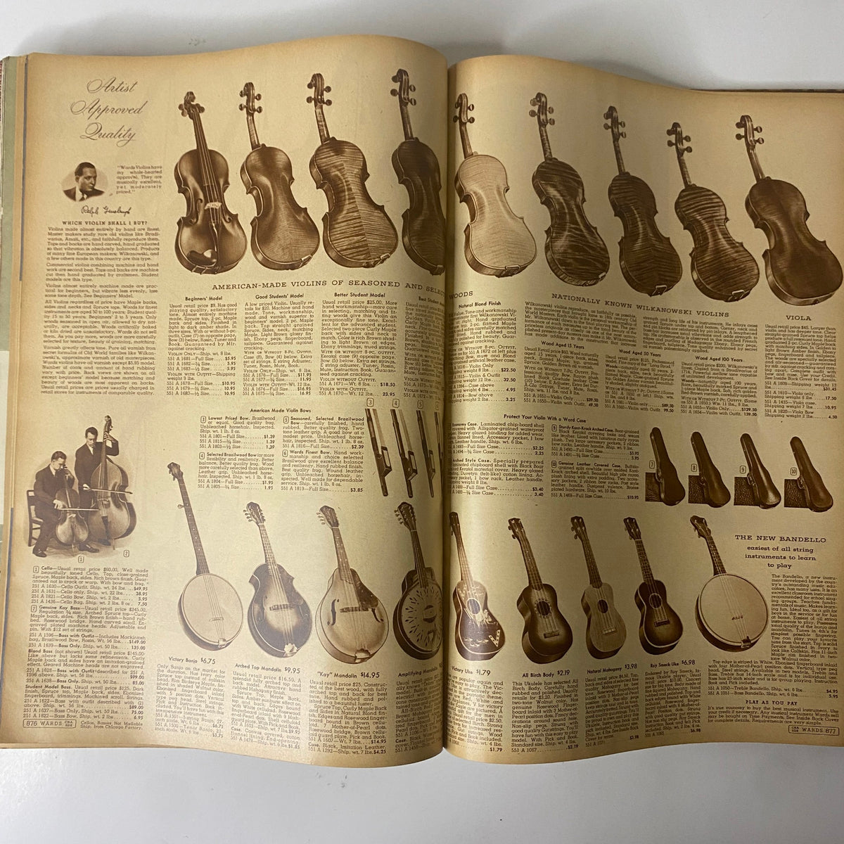 1943 Montgomery Ward Spring and Summer Catalog GD Interior presents a selection of American-made violins and musical instruments, emphasizing the era's craftsmanship.