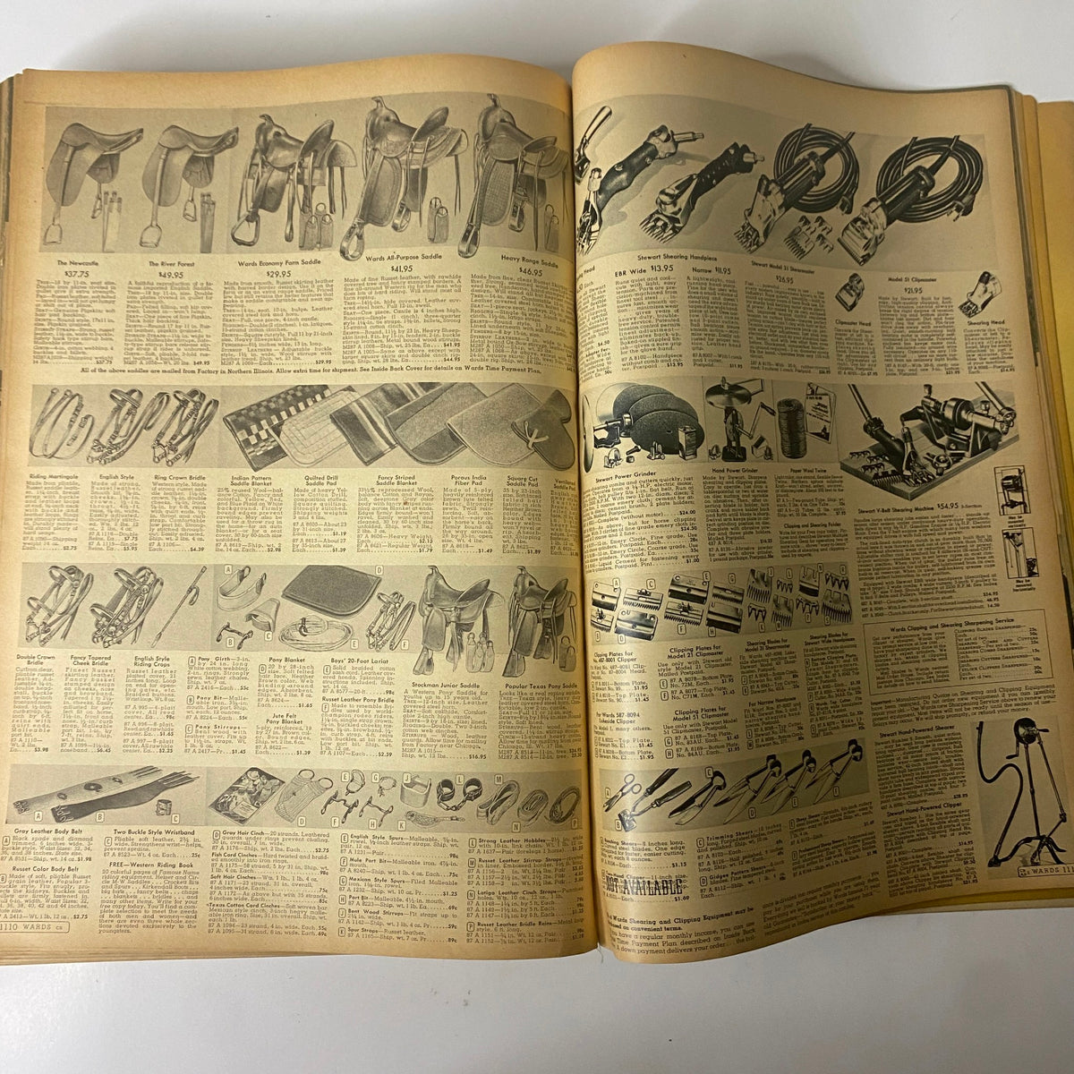 1943 Montgomery Ward Spring and Summer Catalog GD Interior displaying various saddles and equestrian gear, showcasing practical items for horse riding enthusiasts.