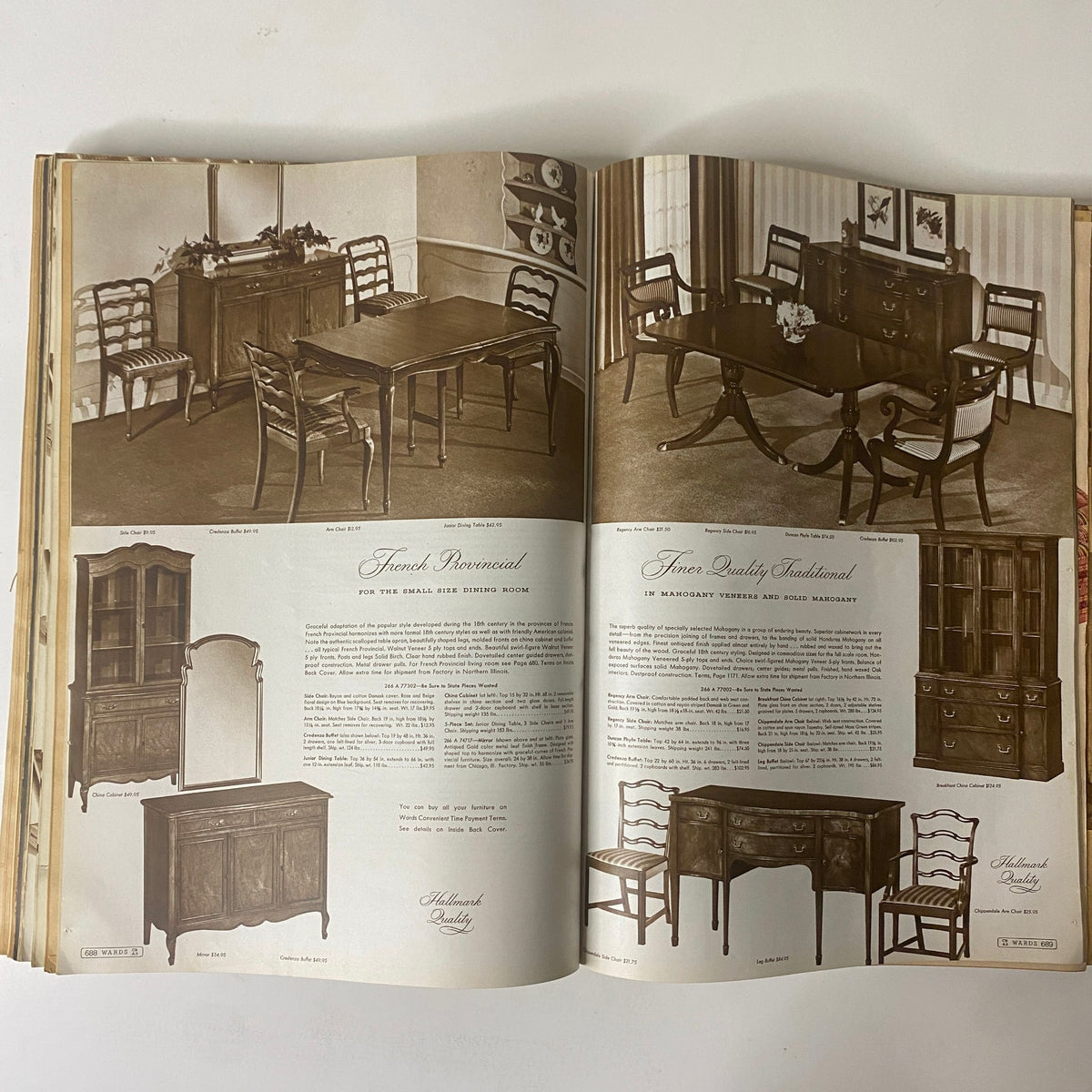 Interior pages from the 1943 Montgomery Ward Spring and Summer Catalog displaying elegant French Provincial and Fine Quality Traditional furniture designs for dining rooms.