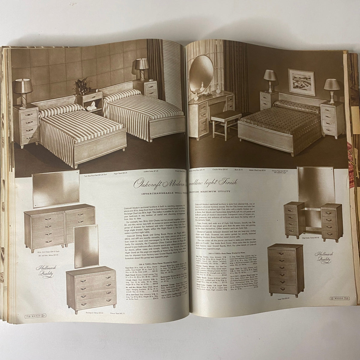 Interior pages from the 1943 Montgomery Ward Spring and Summer Catalog showcasing modern oak furniture with light finishes, designed for practical living spaces.
