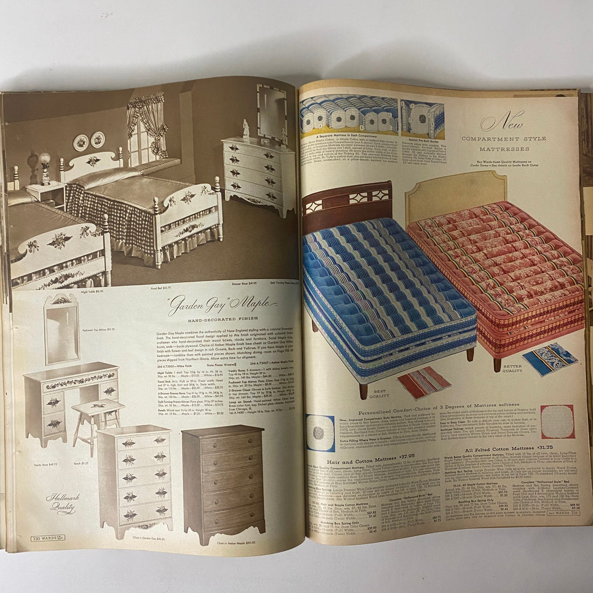 Interior pages from the 1943 Montgomery Ward Spring and Summer Catalog highlighting beautifully designed Garden Jay Maple furniture and new mattress options.